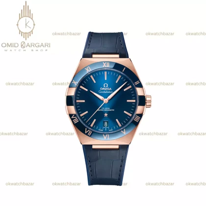 ساعت مچی امگا کانستلیشن بند آبی صفحه مشکی قاب رزگلد Omega Constellation
