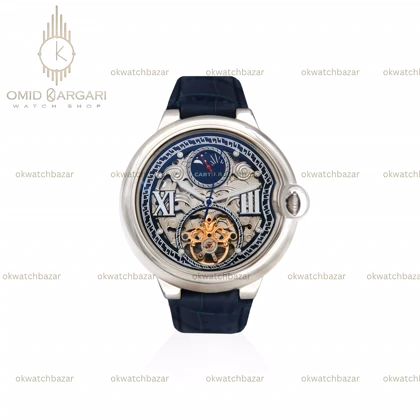 ساعت مچی کارتیه بلن بولو صفحه اسکلتون بند چرمی آبی Cartier Ballon Bleu
