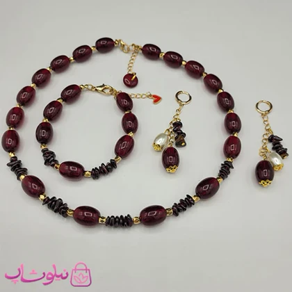 ست زنانه دستساز برند N&SH مدل سنگهای زرشکی و مشکی کد 550