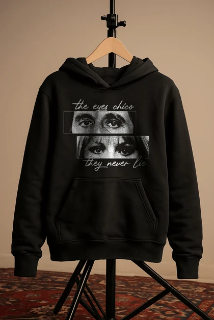 هودی مشکی اسپرت طرح متن eyes chicko they never lie - فواصل