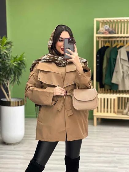 بارانی آستین و یقه پرچ دار