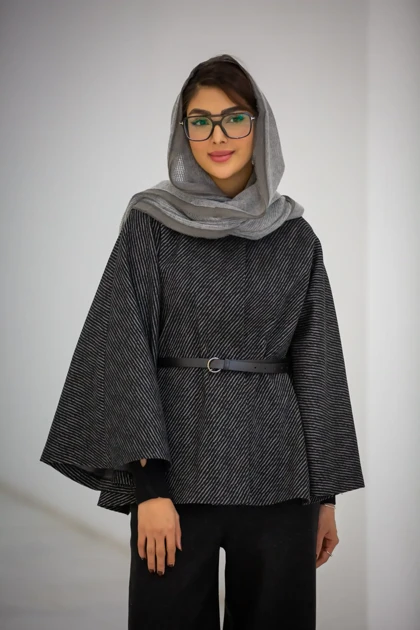 پالتو پانچ ژاکارد کمربنددار