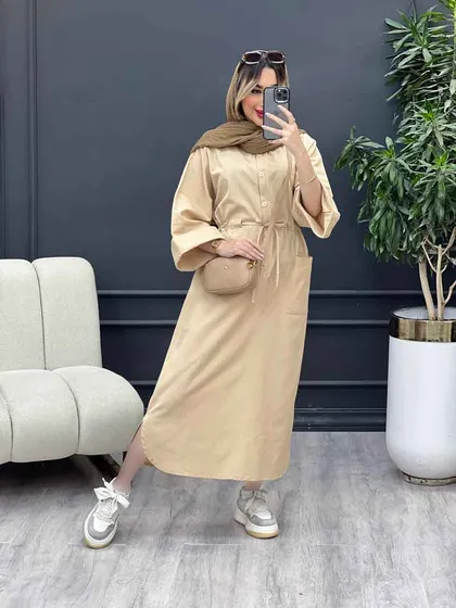 پیراهن بلند کمر گت تک جیب