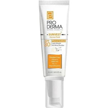 فلوئید ضدآفتاب بی رنگ پرودرما SPF30 پوست خشک حجم 50گرم