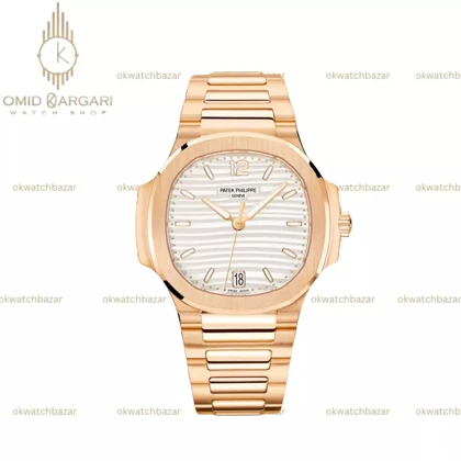 ساعت مچی پتک فیلیپ ناتیلوس صفحه سفید بند رزگلد Patek Philippe Nautilus