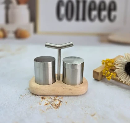 نمک پاش و فلفل پاش استوانه استیل استند بامبو - شنگیا