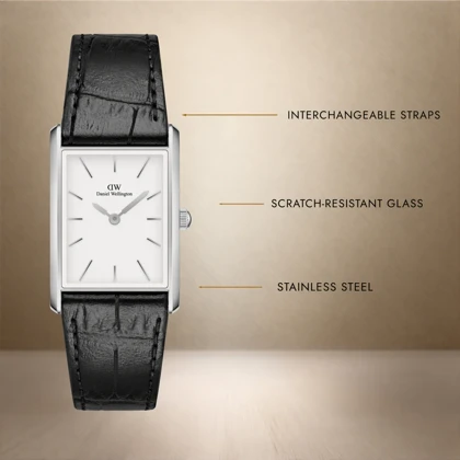 ساعت مچی زنانه دنیل ولینگتون (Daniel Wellington) مدل DW00100697 (کالکشن Quadro، قاب نقره‌ای، بند چرم مشکی)