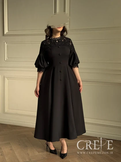 پیراهن میدی بالاتنه گیپور آستین پفی