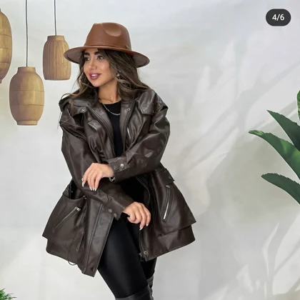 پالتو چرم کمر گتر دار