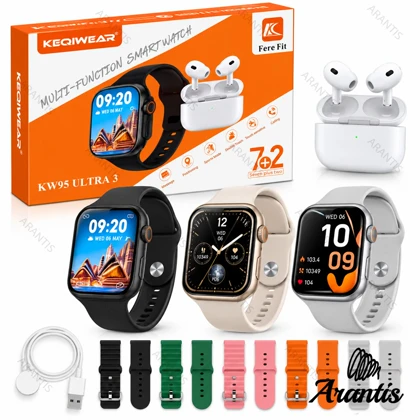 ساعت هوشمند KEQIWEAR مدل KW95 Ultra 3 با ایرفون بی سیم و ضد آب IP67 نقره ای مدل u-10948