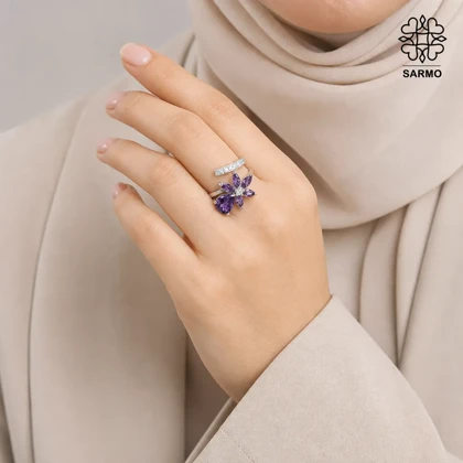 انگشتر استیل گل‌دار طرح قلب رنگ بنفش نقره ای کد 407074014