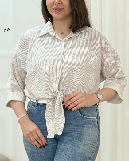 شومیز گره‌ای راه راه گچی کد محصول 1645