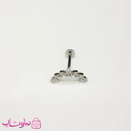 پیرسینگ گوش استیل مدل تاج نگین‌دار سفید نقره ای