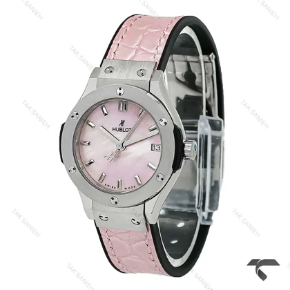 ساعت هابلوت مینی زنانه استیل بند چرم طرح دار صورتی Hublot-10635-L