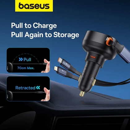 شارژر فندکی 60 وات باسئوس Baseus مدل CCTXP-CCL با کابل جمع شونده
