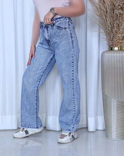 خرید شلوار جین نیم بگ زنانه آبی رندوم (سنگ خشک) کمر کش Random Wash Semi Baggy Jeans کد 911400