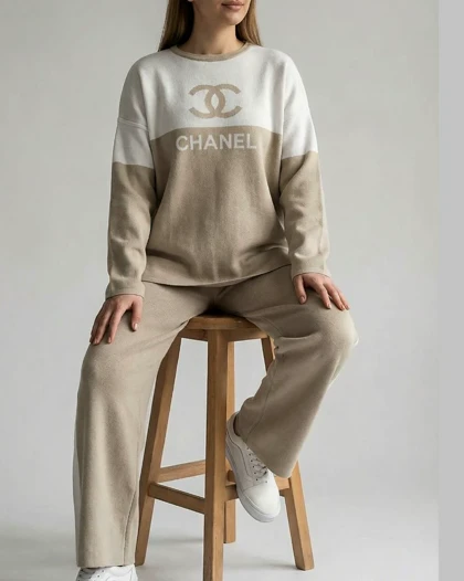 ست بافت زنانه بلوز شلوار دو رنگ طرح چنل chanel آستین بلند شلوار بغل خط کد 1933
