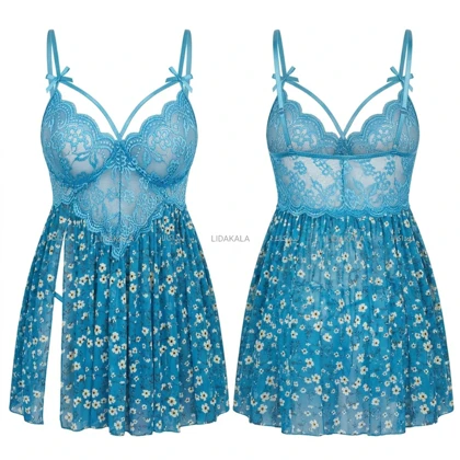 لباس خواب هارنسی سایز بزرگ طرح گل رنگ آبی کد 100347