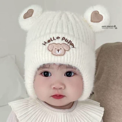 کلاه زمستانه نوزادی روگوشی طرح HELLO PUPPY