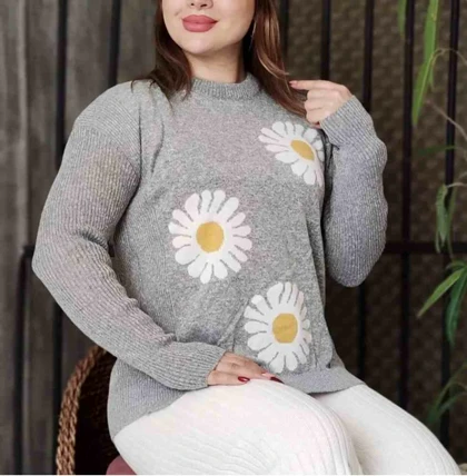 بلوز بافت بابونه کوتاه یقه گرد آستین بلند زنانه کد 1575