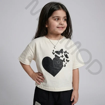 ست کراپ شلوارک دخترانه مدل قلب پروانه ای کرم مشکی سایز 5,50,55,60