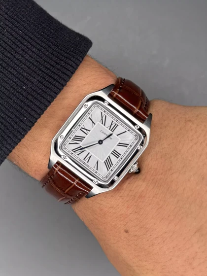 ساعت مچی کارتیه دومونت بند چرمی قهوه ای قاب استیل Cartier
