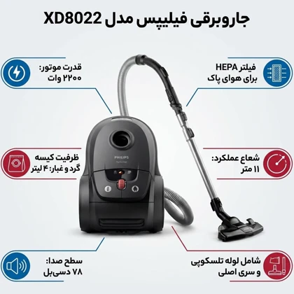 جارو برقی کیسه ای فیلیپس Philips اصل مدل XD8022 با توان 2200 وات