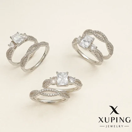 ست حلقه و پشت حلقه نقره‌ای زنانه با نگین مربعی Xuping