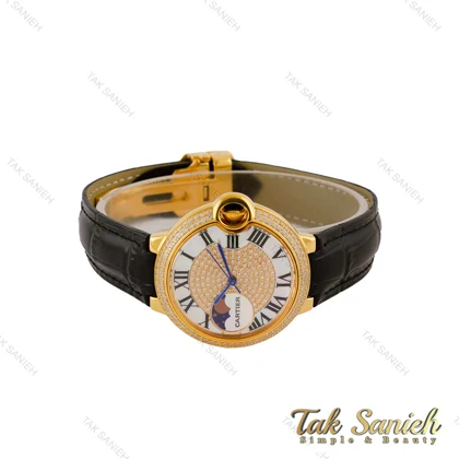 ساعت کارتیه بالن بلو زنانه فول نگین طلایی بند چرم مشکی Cartier-5266-L