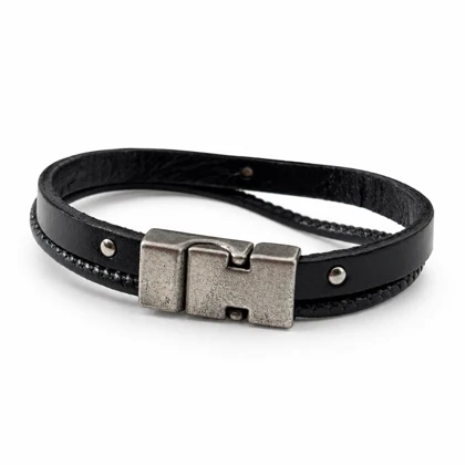 دستبند مردانه دو ردیفه SIX مدل Genuine Leather با قفل مگنتی وینتیج - مشکی
