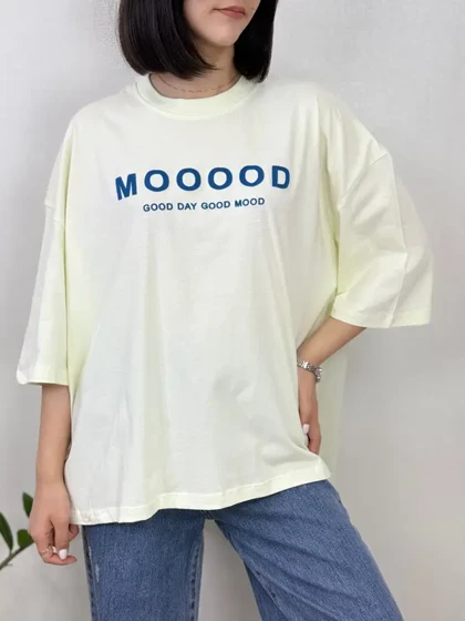 تیشرت نخ پنبه اورسایز طرح MOOD رنگی آستی سه ربع آلما