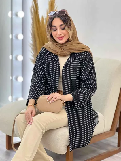 مانتو راه راه دو جیب پاکتی پایین هلال