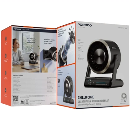 پنکه رومیزی شارژی پورودو Porodo مدل PDLFSTZH37BK با نمایشگر LED