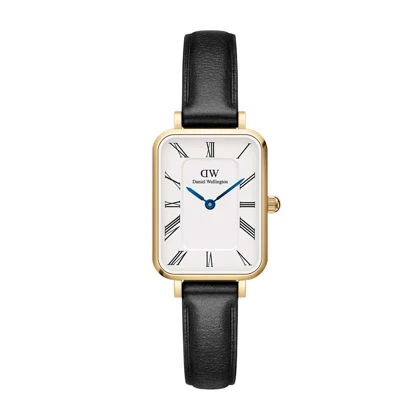 ساعت DW زنانه مستطیلی بند چرمی طلایی سفید ایندکس یونانی DW-5523-L