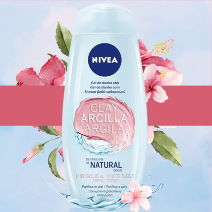 شامپو بدن کرمی لایه‌بردار نیوآ مدل Natural Clay Hibiscus مناسب انواع پوست حجم 500 میلی‌لیتر