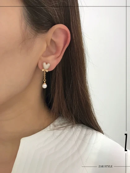 گوشواره تابه‌تا قلب فول نگین مروارید آویز