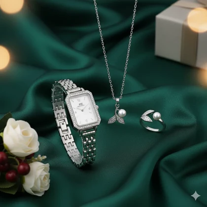 ست زنانه ساعت و گردنبند و انگشتر مدل مروارید -نقره ای ویژه