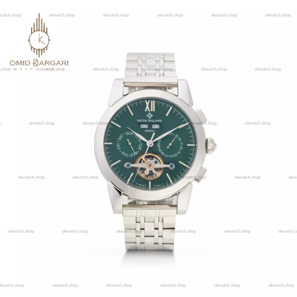 ساعت مچی پتک فیلیپ اوپن هارت فول دیت سیلور صفحه سبز Patek Philippe