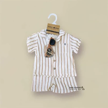 ست پیراهن و شلوارک نوزادی پسرانه راه راه