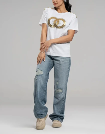 یقه گرد پولک و سرشانه دکمه طلایی