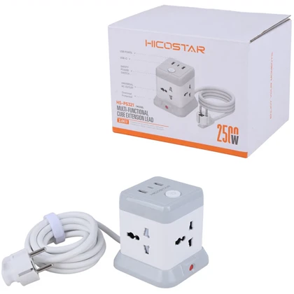 چندراهی برق 4 سوکت 2500 وات، دو USB و دو تایپ سی هایکو استار Hicostar HS-PS321 با کابل دومتری