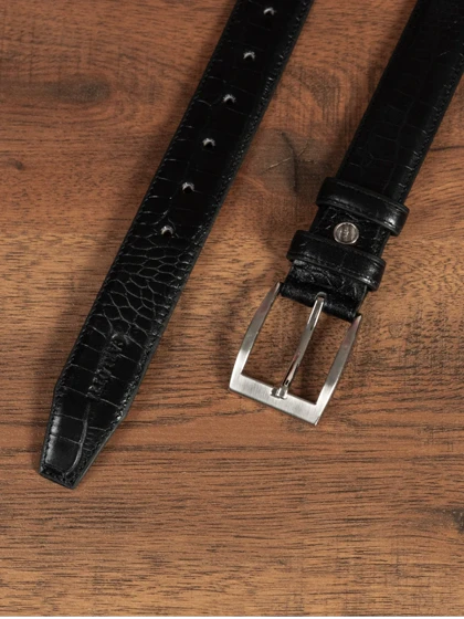 کمربند چرم طبیعی مشکی کروکدیل b128