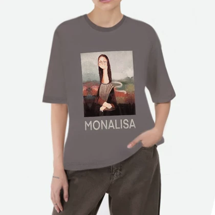 تیشرت زنانه پنبه‌ای دندی طرح مونالیزا Monalisa