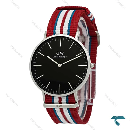 ساعت مچی مردانه DW رزگلد صفحه مشکی بند برزنتی قرمز آبی سفید DW-7235-G