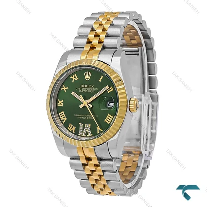 ساعت مردانه Rolex دورنگ طلایی صفحه سبز ایندکس یونانی Rolex-7154-G