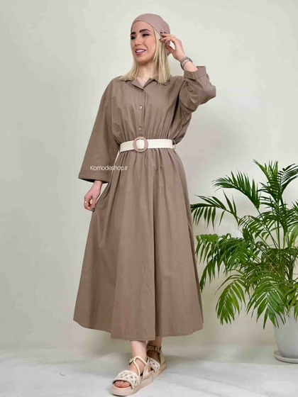 پیراهن لینن بلند زنانه کمربندار