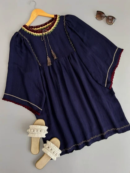 پیراهن مانتویی کنف نخ منگوله‌دار کد 2770