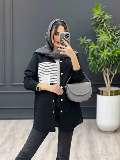 مانتو لینن جیب راه راه