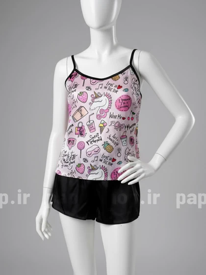 ست لباس خواب تاپ و شورتک ساتن طرح تک شاخ