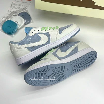 کتانی ویتنامی نایک ایر جردن وان لو تراویس اسکات سفید آبی سوئد Nike Air Jordan 1 Low Travis Scott